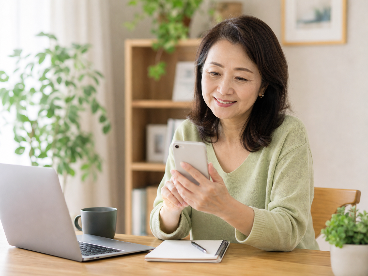 スマホで質問し、安心している50代女性のイメージ写真