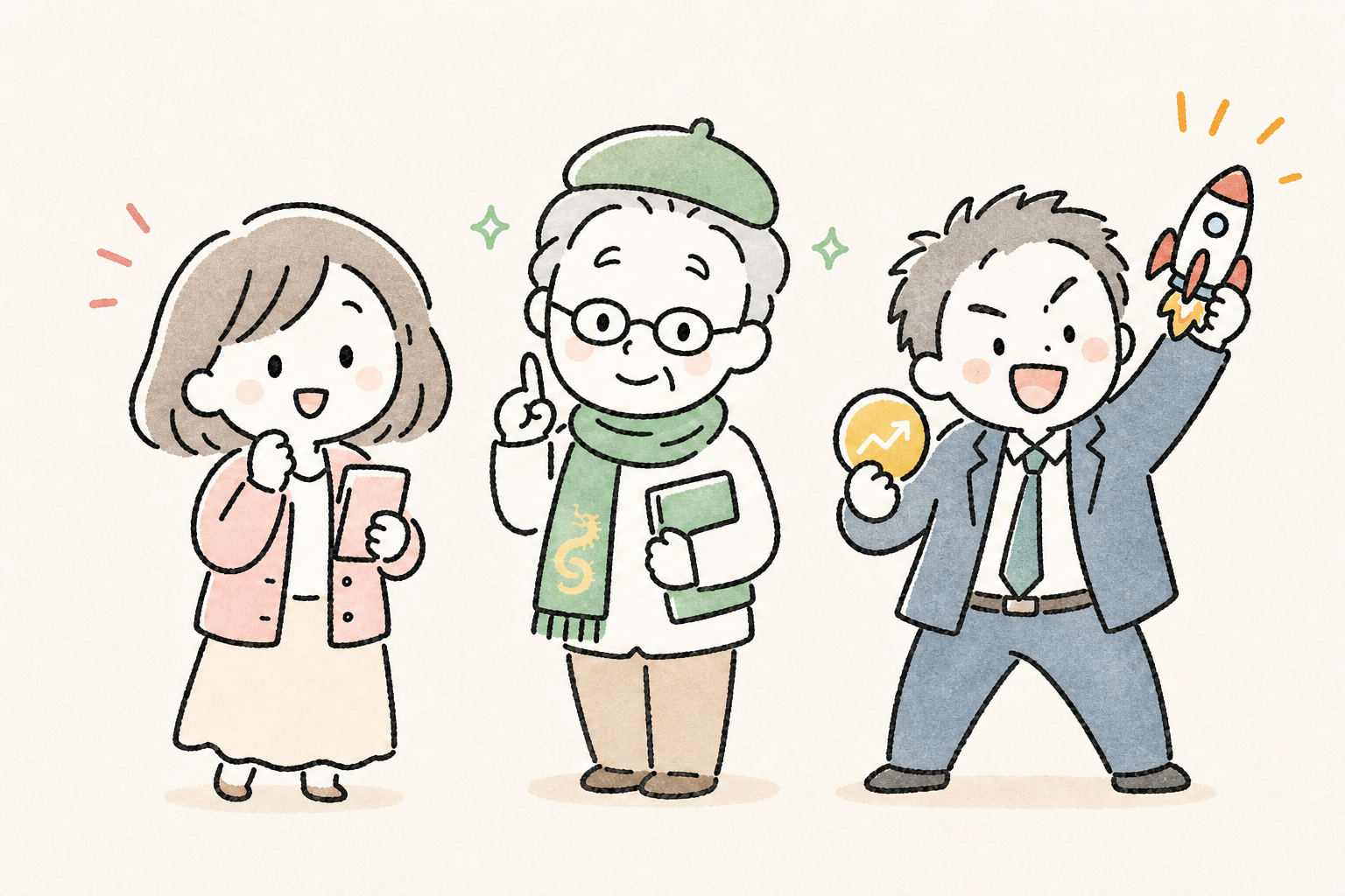 EBOOKに登場する、かぶみ・龍先生・一撃くんのイラスト
