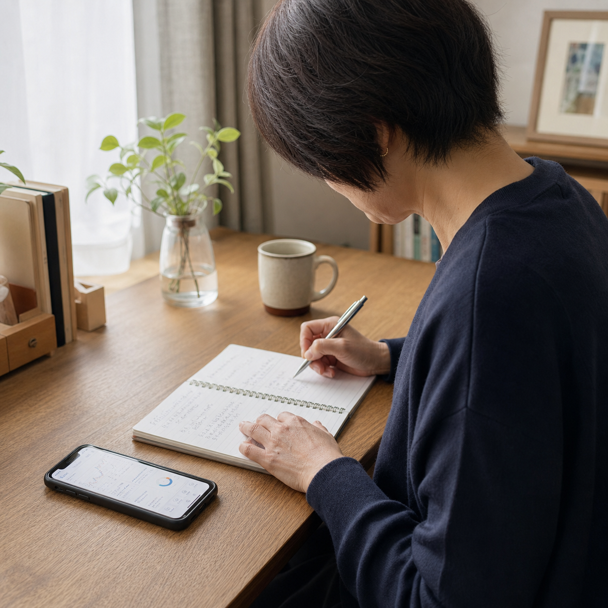 スマートフォンをそばに置いてノートに学習内容を書く50代女性