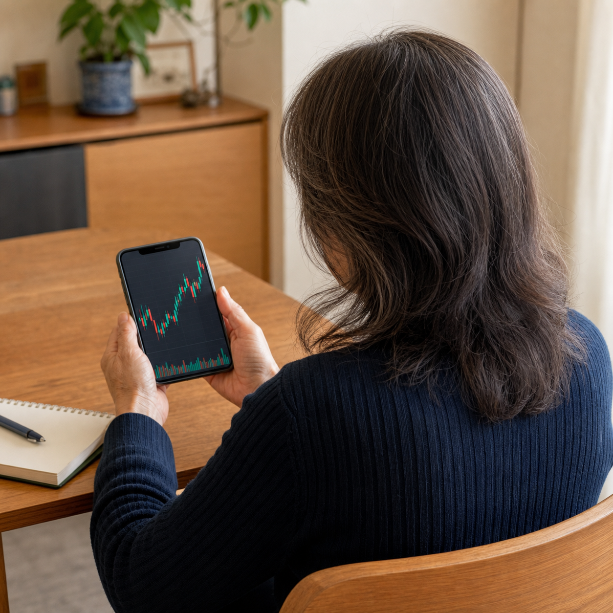 スマートフォンで株価チャートを確認する60代女性